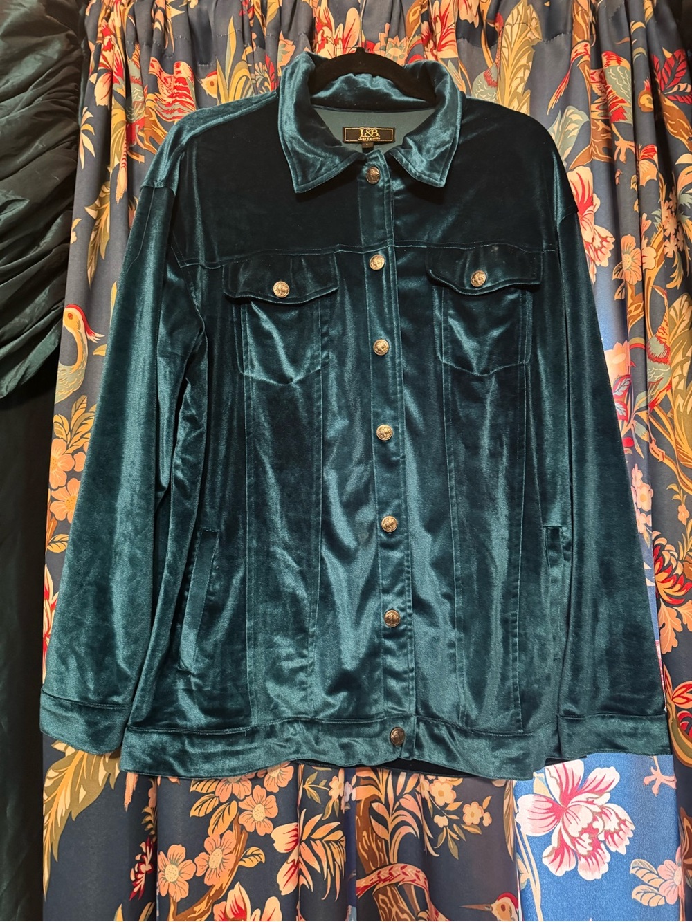 L&B Teal Turquoise Velvet Button Up Shirt Jacket with Buffalo Coin Buttons